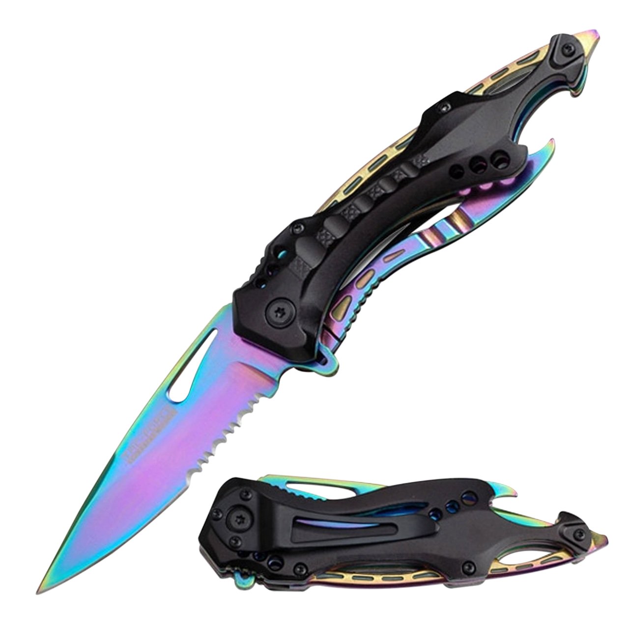 9 LIMITED EDITION RAINBOW STILETTO SPRING ASSISTED FOLDING POCKET KNIFE  open