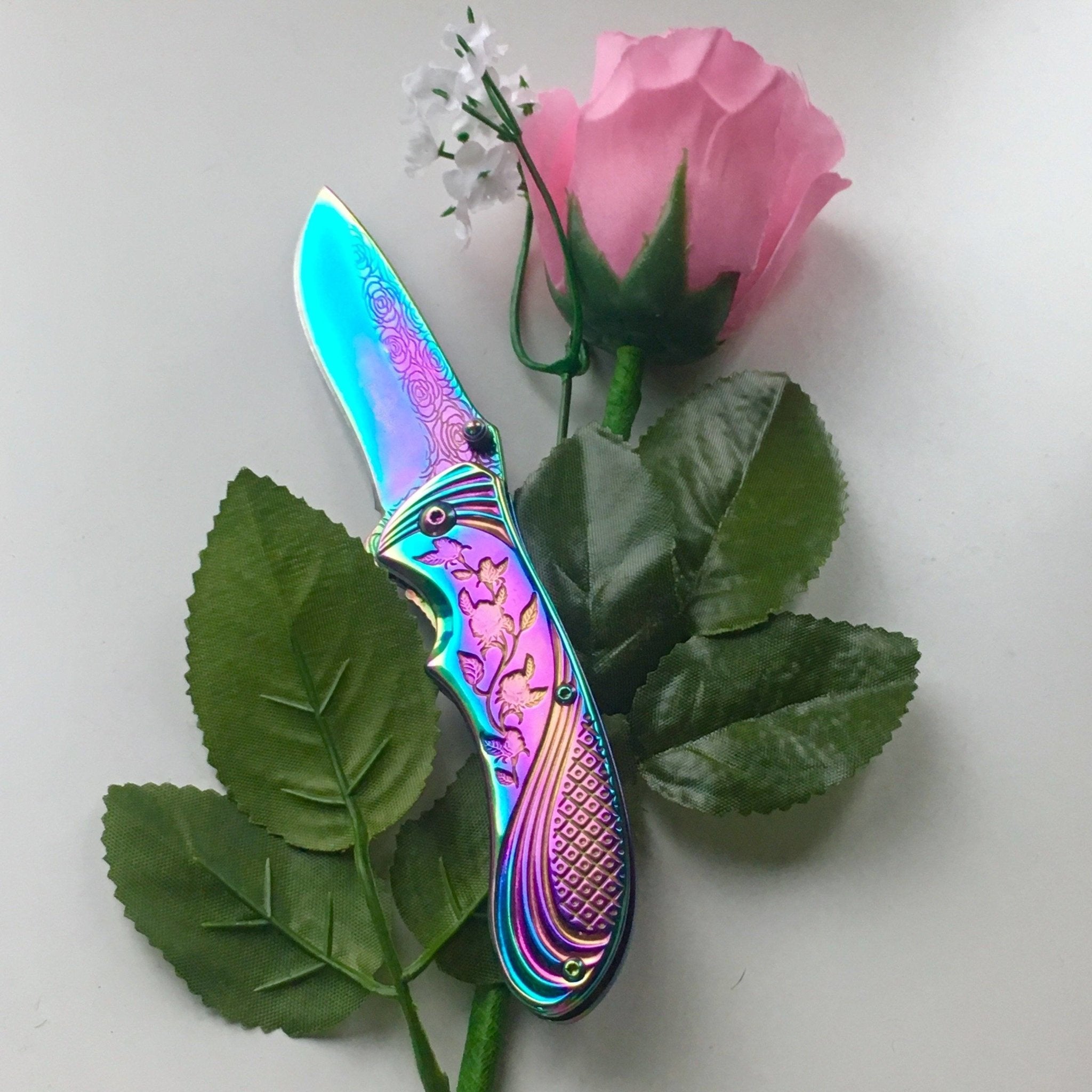 Rainbow Ornate Steel Roses Spring Assisted Pocket Knife